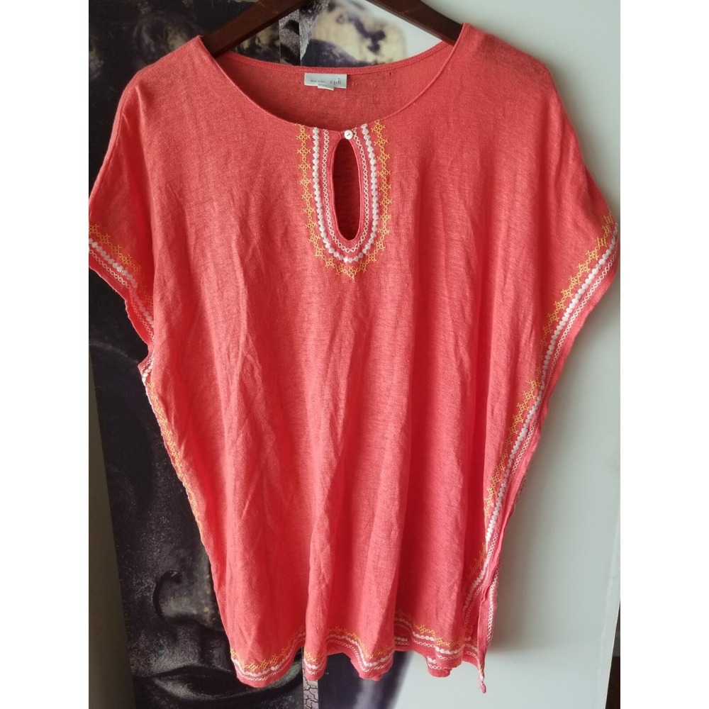 J‎ JILL Love Linen Women's Coral Embroidered Cap Sleeve Tunic Top Size L